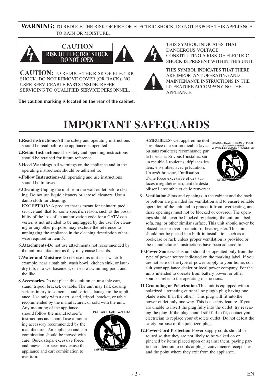 Important safeguards, Caution, Caution risk of electric shock do not open | Warning | Emerson EWC19T5 User Manual | Page 2 / 56