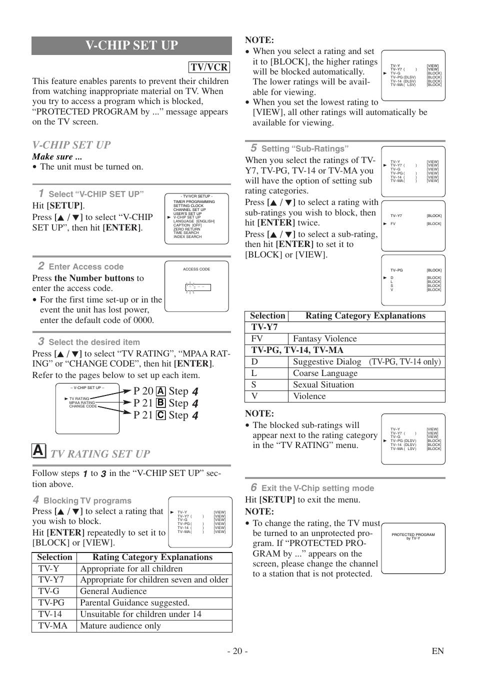 V-chip set up, Tv rating set up, Tv/vcr | Make sure, The unit must be turned on, Press the number buttons to enter the access code, 20 - en, Ab c | Emerson EWC19T5 User Manual | Page 20 / 56