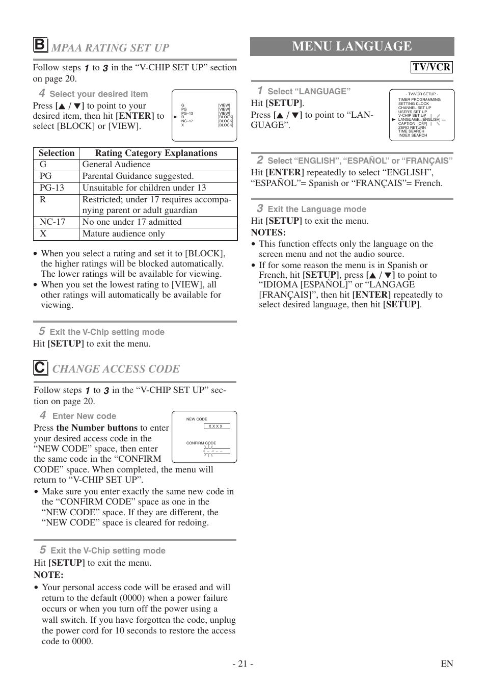 Menu language, Change access code, Mpaa rating set up | Tv/vcr | Emerson EWC19T5 User Manual | Page 21 / 56