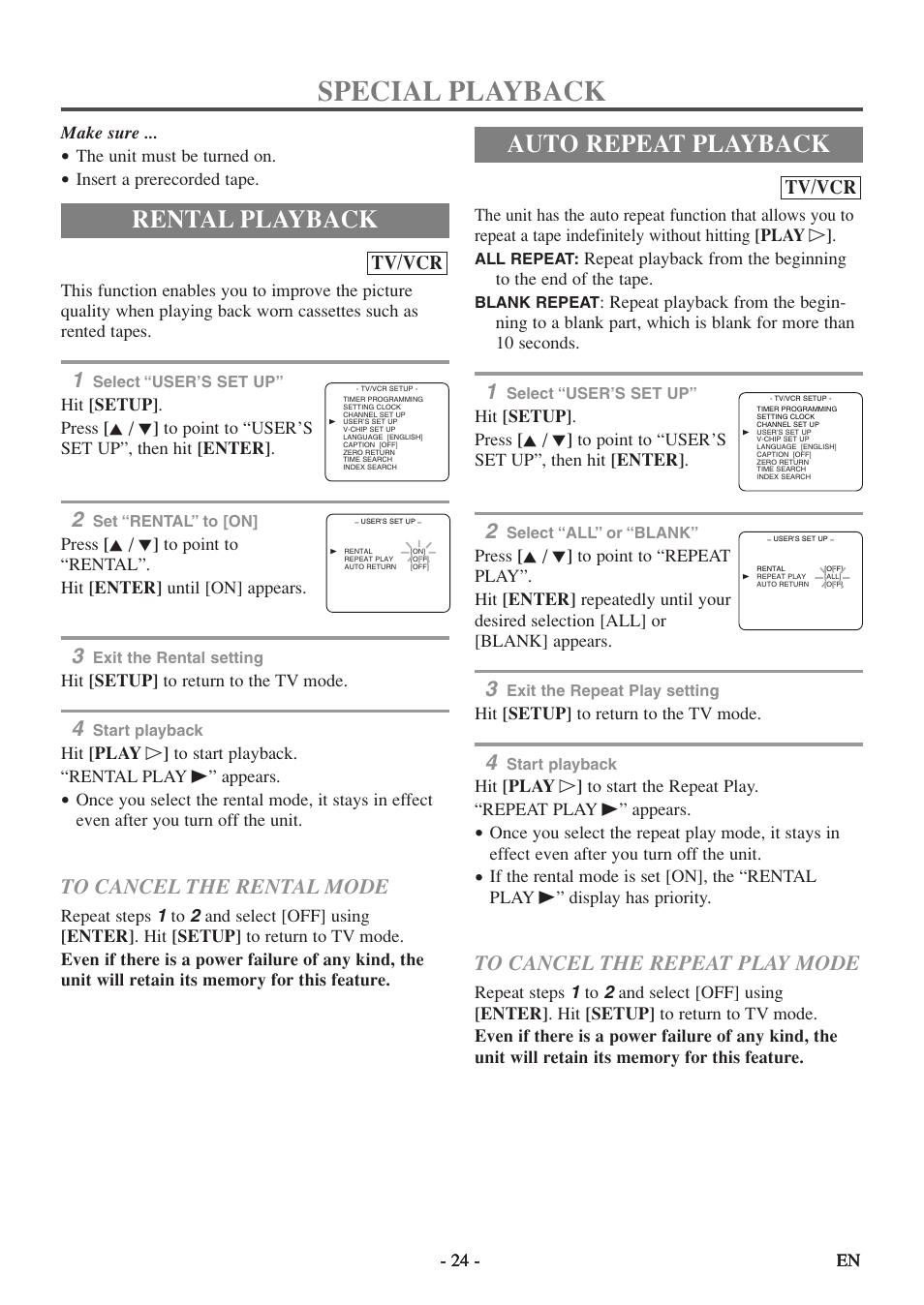 Special playback, Rental playback, Auto repeat playback | Tv/vcr | Emerson EWC19T5 User Manual | Page 24 / 56