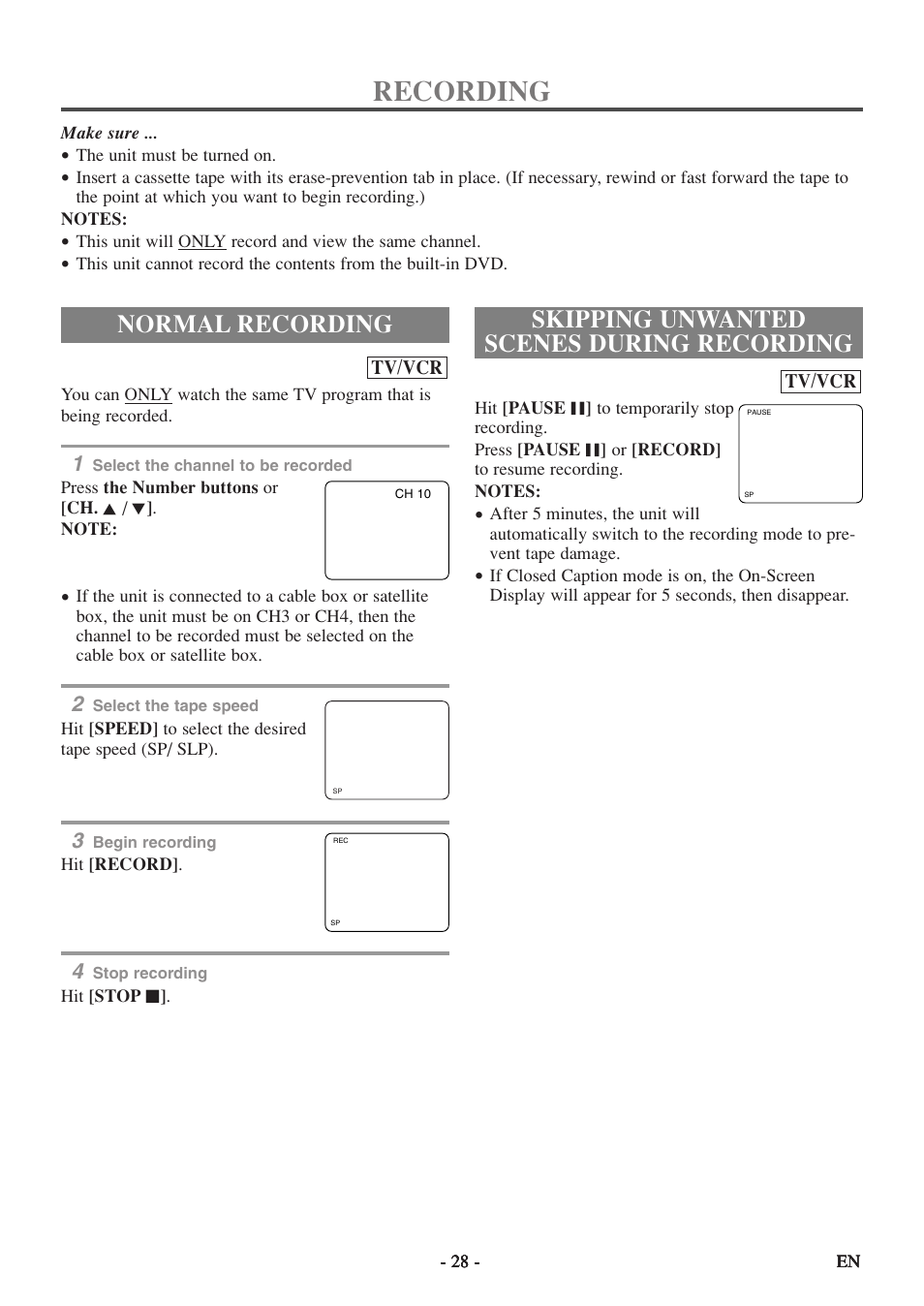 Recording, Normal recording, Skipping unwanted scenes during recording | Emerson EWC19T5 User Manual | Page 28 / 56