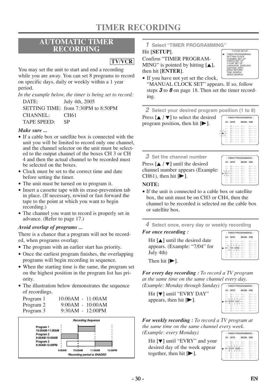 Timer recording, Automatic timer recording, Tv/vcr | The unit must be turned on to program it, The program with an earlier start has priority, Select “timer programming, Select your desired program position (1 to 8), Set the channel number, Select once, every day or weekly recording | Emerson EWC19T5 User Manual | Page 30 / 56