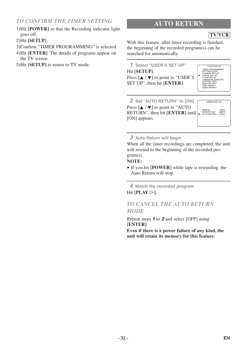 Auto return, Tv/vcr | Emerson EWC19T5 User Manual | Page 32 / 56