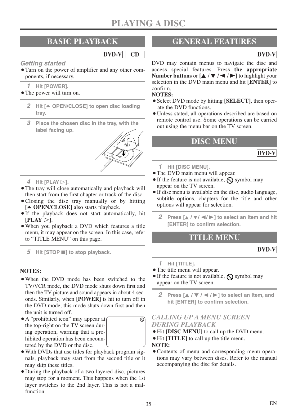 Playing a disc, Basic playback, General features | Title menu, Disc menu, Calling up a menu screen during playback | Emerson EWC19T5 User Manual | Page 35 / 56