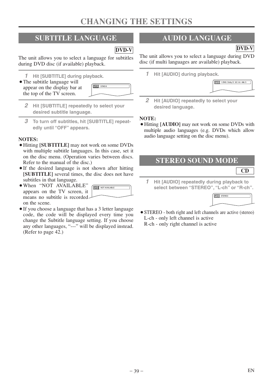 Changing the settings, Audio language, Stereo sound mode | Subtitle language, Dvd-v | Emerson EWC19T5 User Manual | Page 39 / 56