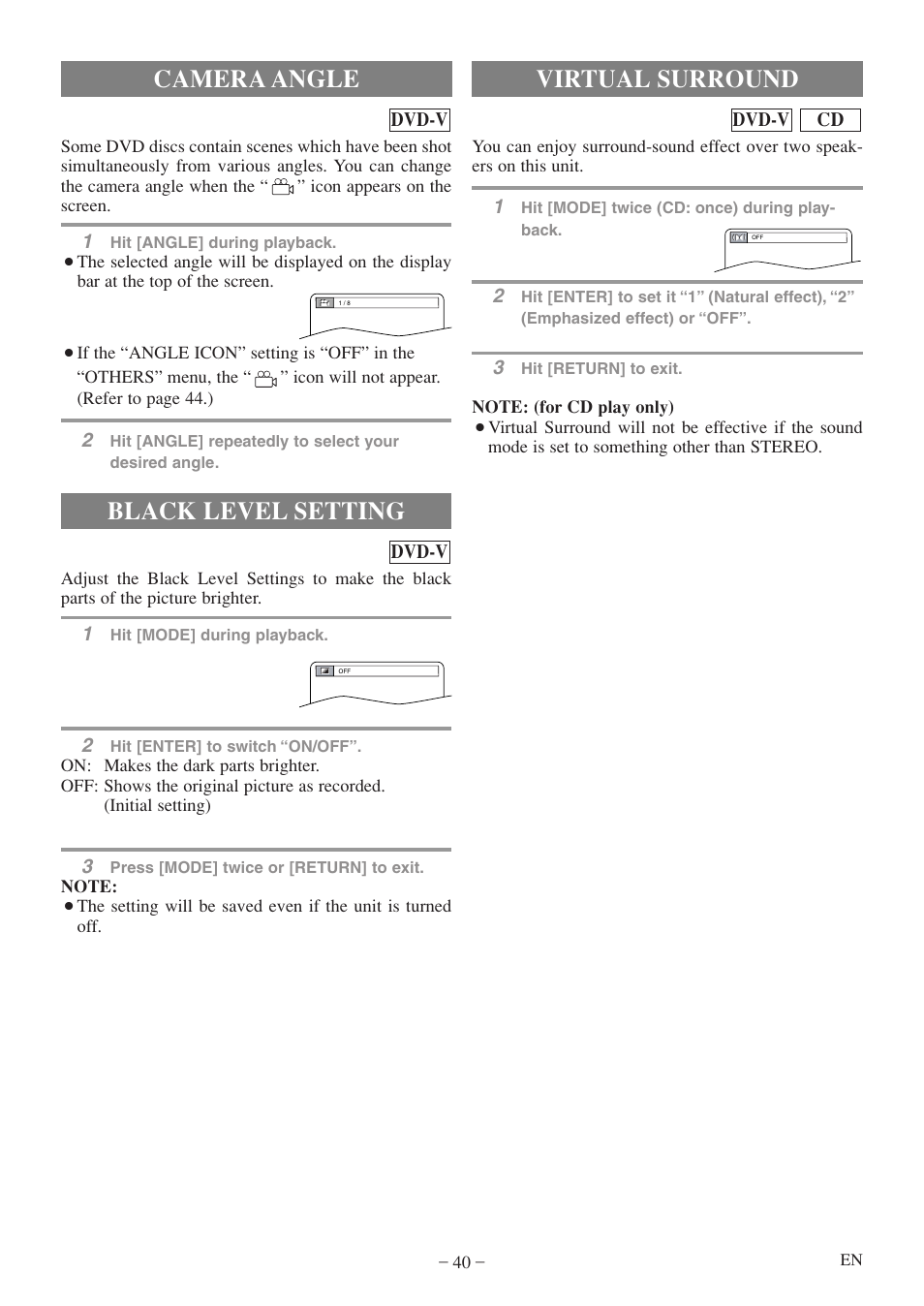 Camera angle, Black level setting, Virtual surround | Emerson EWC19T5 User Manual | Page 40 / 56