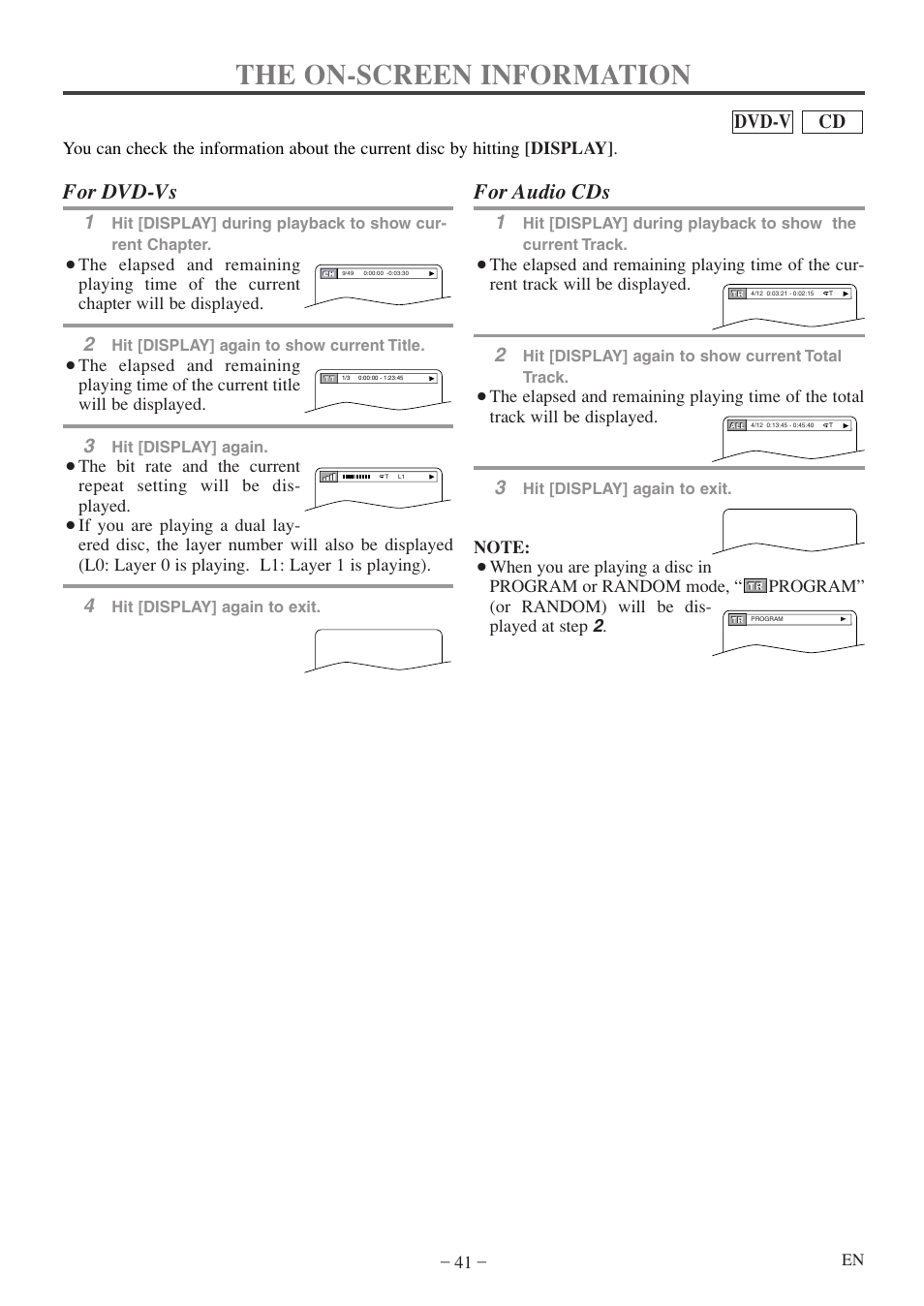 The on-screen information, For dvd-vs, For audio cds | Cd dvd-v | Emerson EWC19T5 User Manual | Page 41 / 56