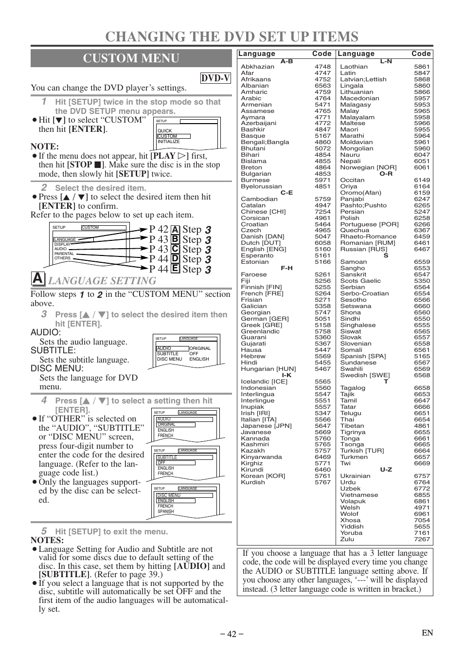 Changing the dvd set up items, Custom menu, Language setting | Dvd-v, You can change the dvd player’s settings, Ab c d e, Select the desired item, Press, Hit [setup] to exit the menu | Emerson EWC19T5 User Manual | Page 42 / 56