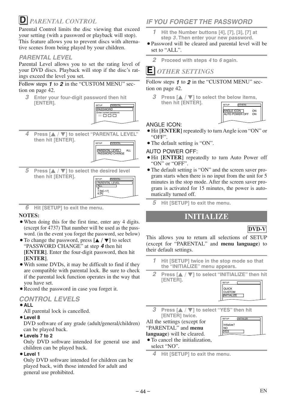 Initialize, Control levels, Parental control | If you forget the password, Other settings, Parental level, Dvd-v | Emerson EWC19T5 User Manual | Page 44 / 56