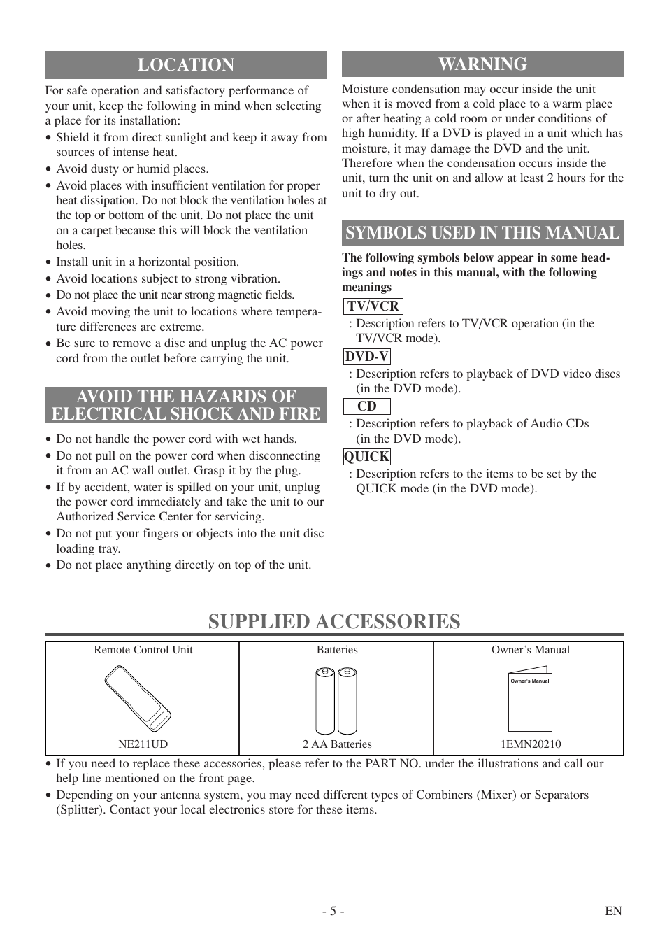 Supplied accessories, Warning, Symbols used in this manual | Emerson EWC19T5 User Manual | Page 5 / 56