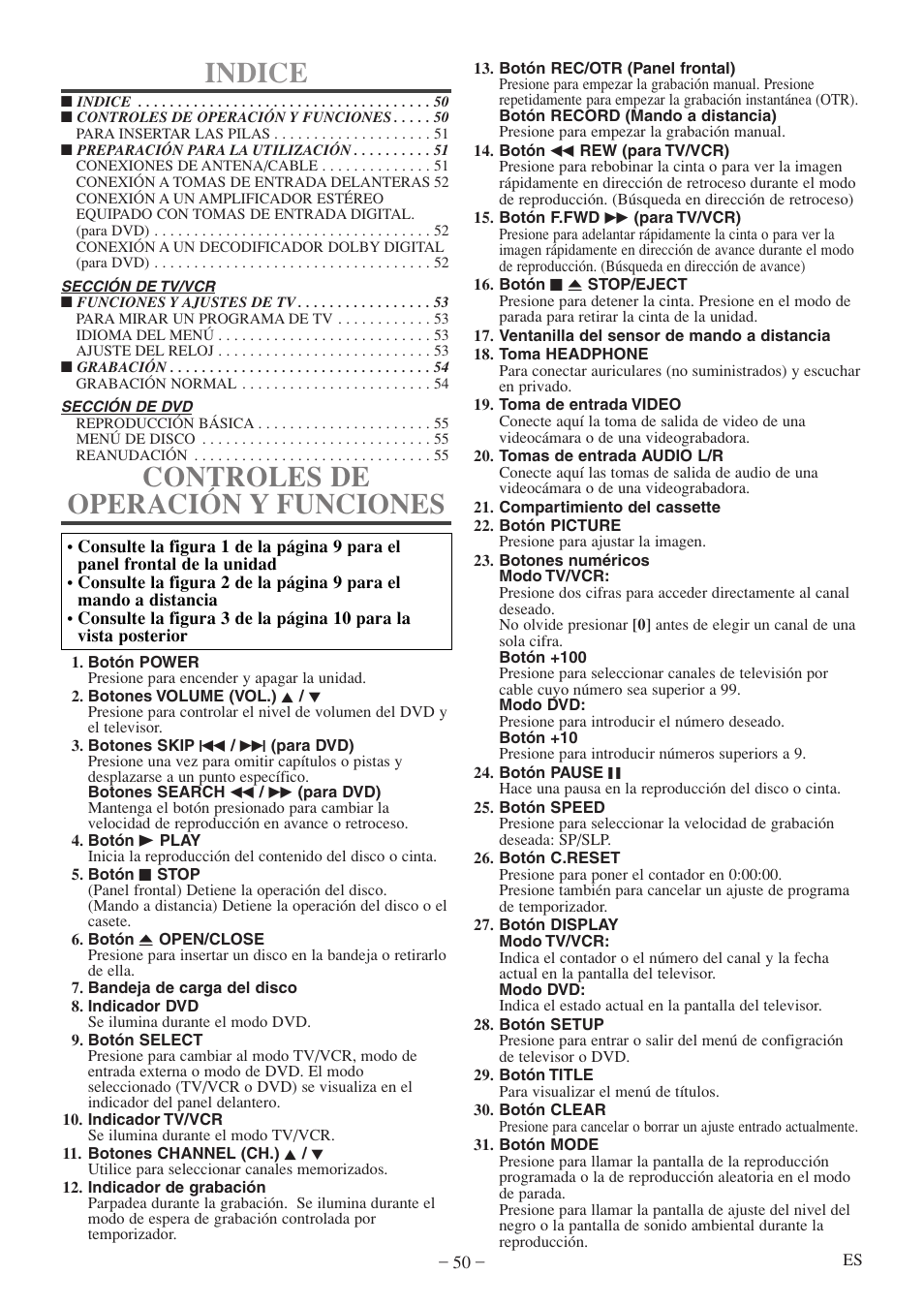 Indice, Controles de operación y funciones | Emerson EWC19T5 User Manual | Page 50 / 56