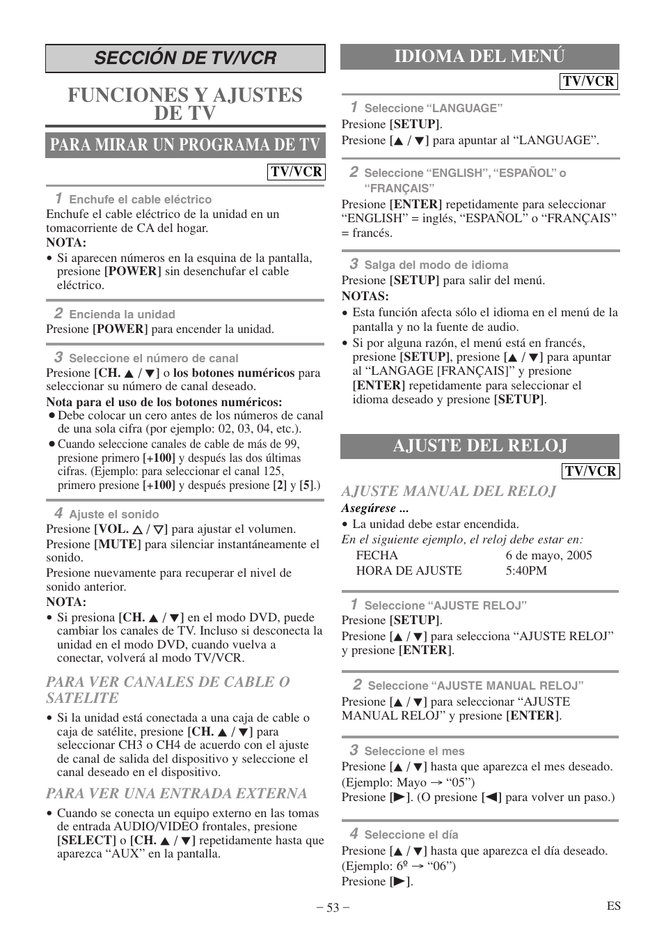 Funciones y ajustes de tv, Idioma del menú, Sección de tv/vcr para mirar un programa de tv | Ajuste del reloj | Emerson EWC19T5 User Manual | Page 53 / 56