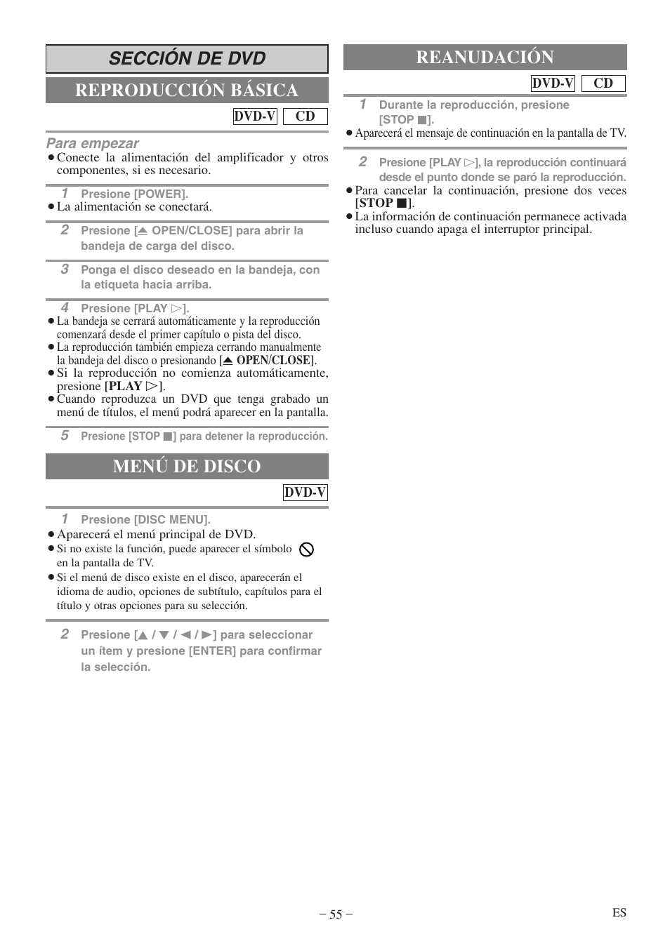 Sección de dvd reproducción básica, Menú de disco, Reanudación | Emerson EWC19T5 User Manual | Page 55 / 56