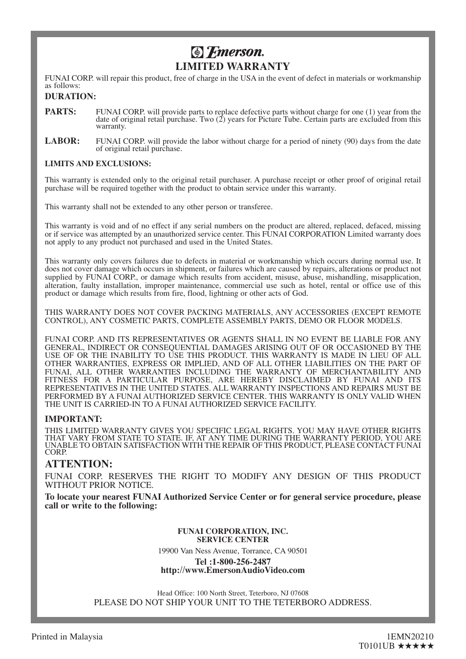 Limited warranty, Attention | Emerson EWC19T5 User Manual | Page 56 / 56