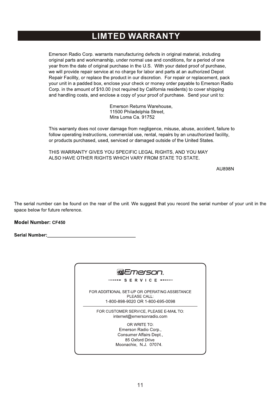 Limted warranty | Emerson Radio CF450 User Manual | Page 12 / 13