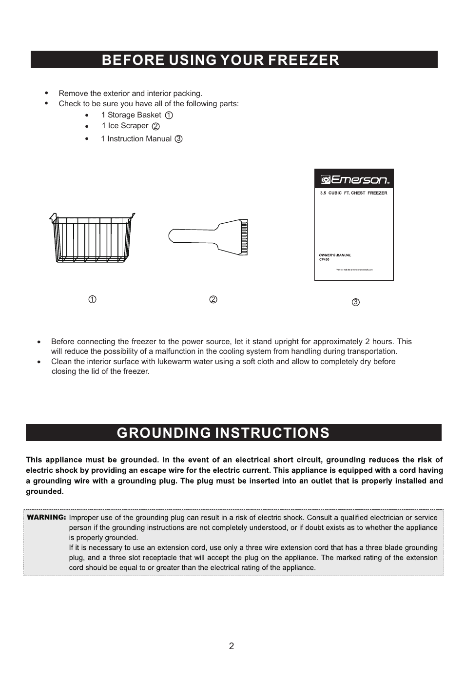 Before using your freezer grounding instructions | Emerson Radio CF450 User Manual | Page 3 / 13