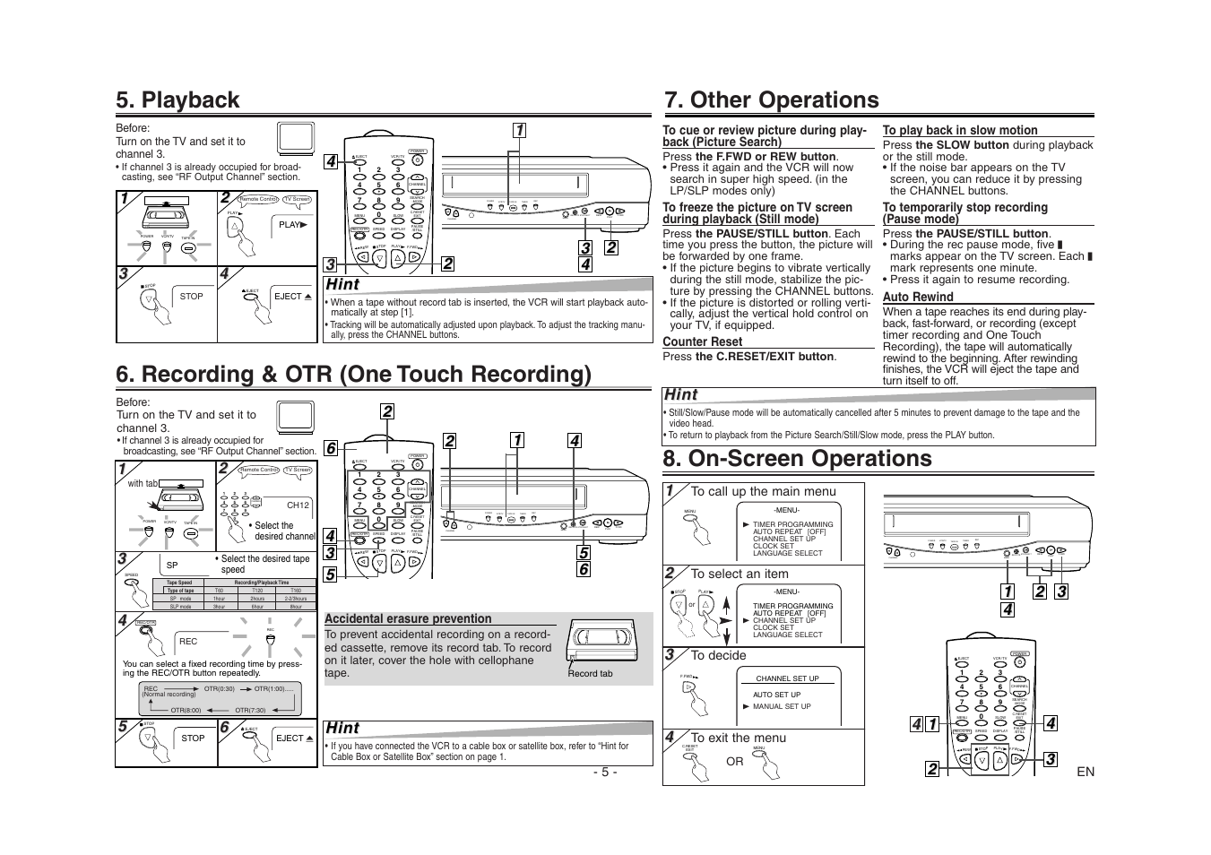 On-screen operations, Recording & otr (one touch recording), Playback | Other operations, Channel, 4hint hint, Hint | Emerson EWV403 User Manual | Page 5 / 8