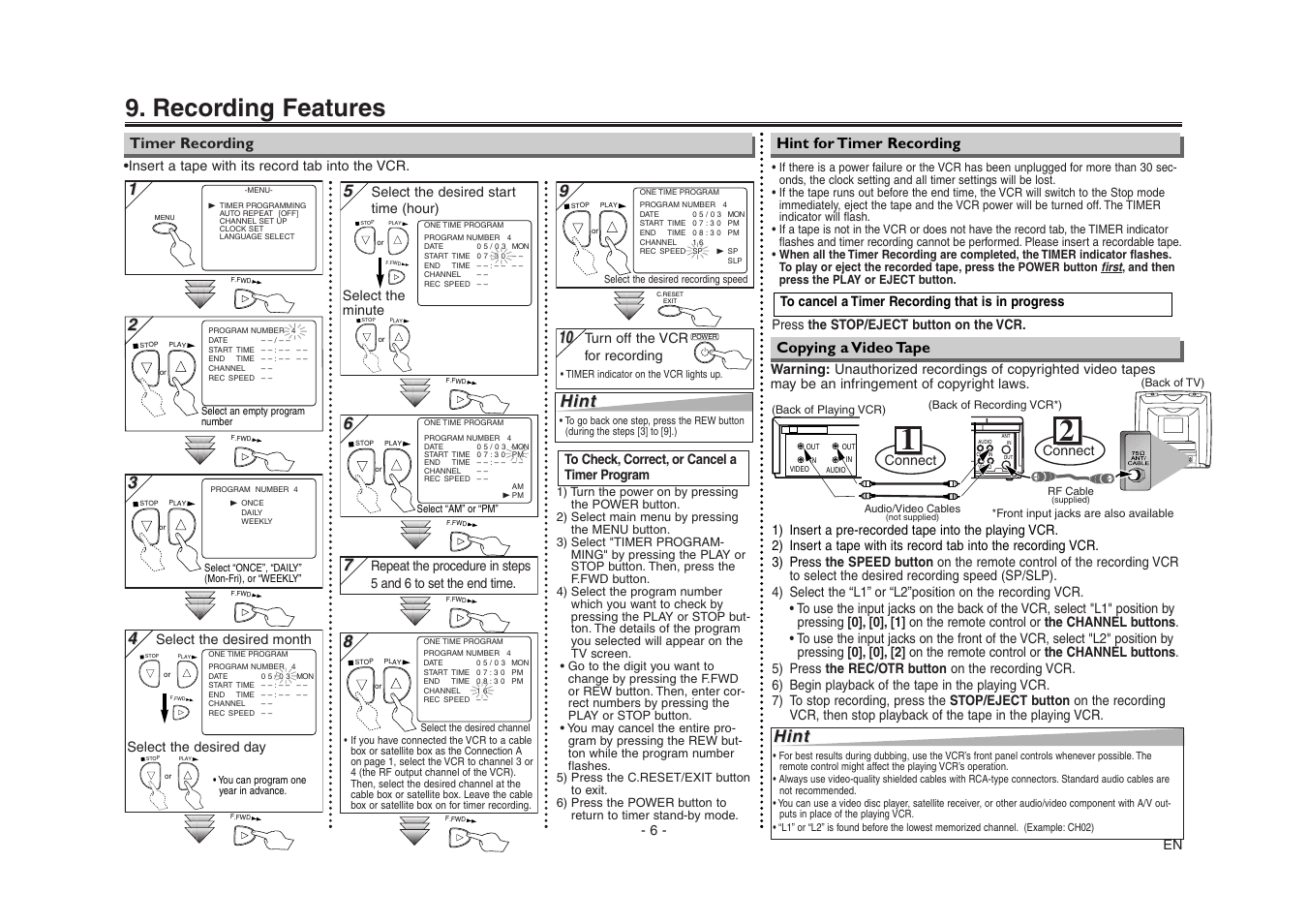 Recording features, Hint | Emerson EWV403 User Manual | Page 6 / 8