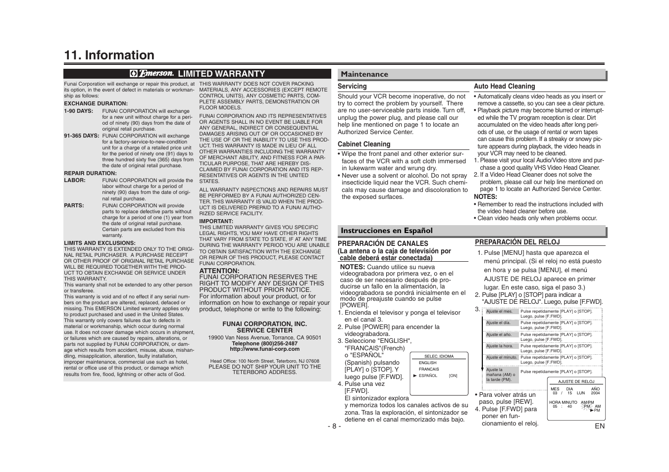 Information, Limited warranty, Maintenance instrucciones en español | Emerson EWV403 User Manual | Page 8 / 8