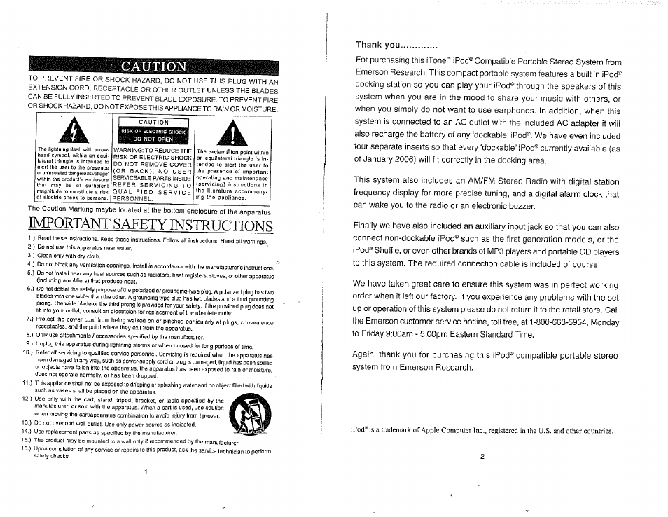 Caution, Important sapety instructions | Emerson ITONE IP100C User Manual | Page 2 / 9