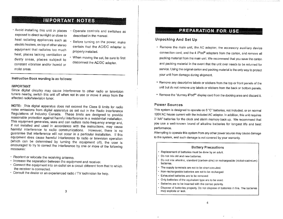 Important notes, Instruction book wording is as follows, Unpacking and set up | Power sources, Battery precautions, Preparation for use | Emerson ITONE IP100C User Manual | Page 3 / 9