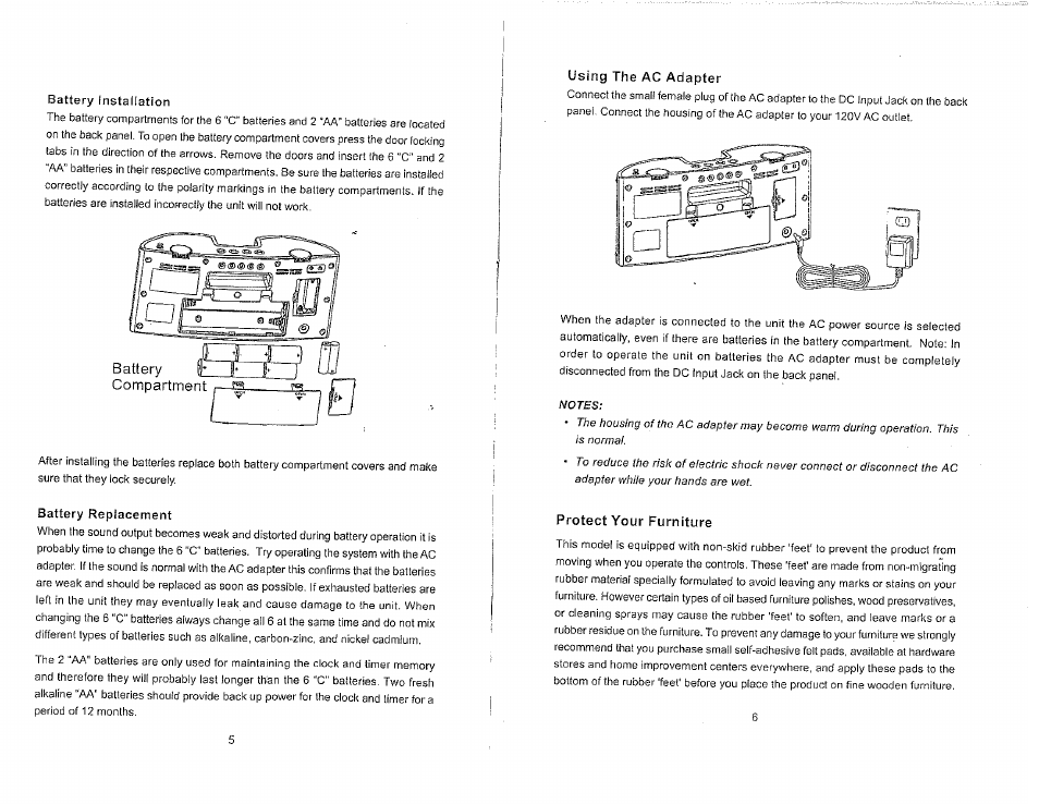 Battery replacement, Using the ac adapter, Protect your furniture | Emerson ITONE IP100C User Manual | Page 4 / 9