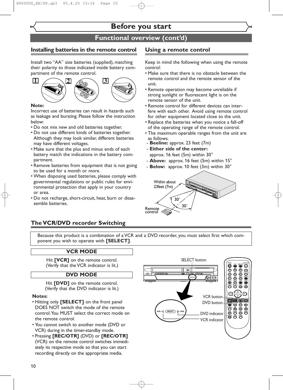 Before you start, Functional overview (cont’d), Using a remote control | Installing batteries in the remote control, The vcr/dvd recorder switching, Vcr mode, Dvd mode | Emerson EWR20V5 User Manual | Page 12 / 90