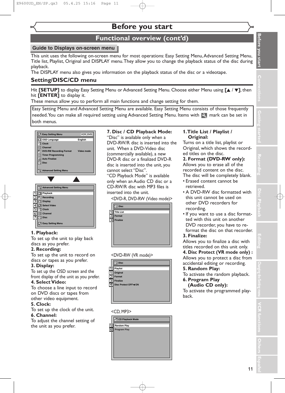 Before you start, Functional overview (cont’d), Setting/disc/cd menu | Emerson EWR20V5 User Manual | Page 13 / 90