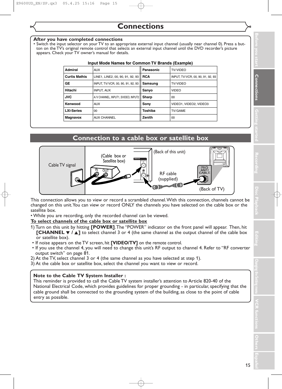 Connections, Connection to a cable box or satellite box | Emerson EWR20V5 User Manual | Page 17 / 90