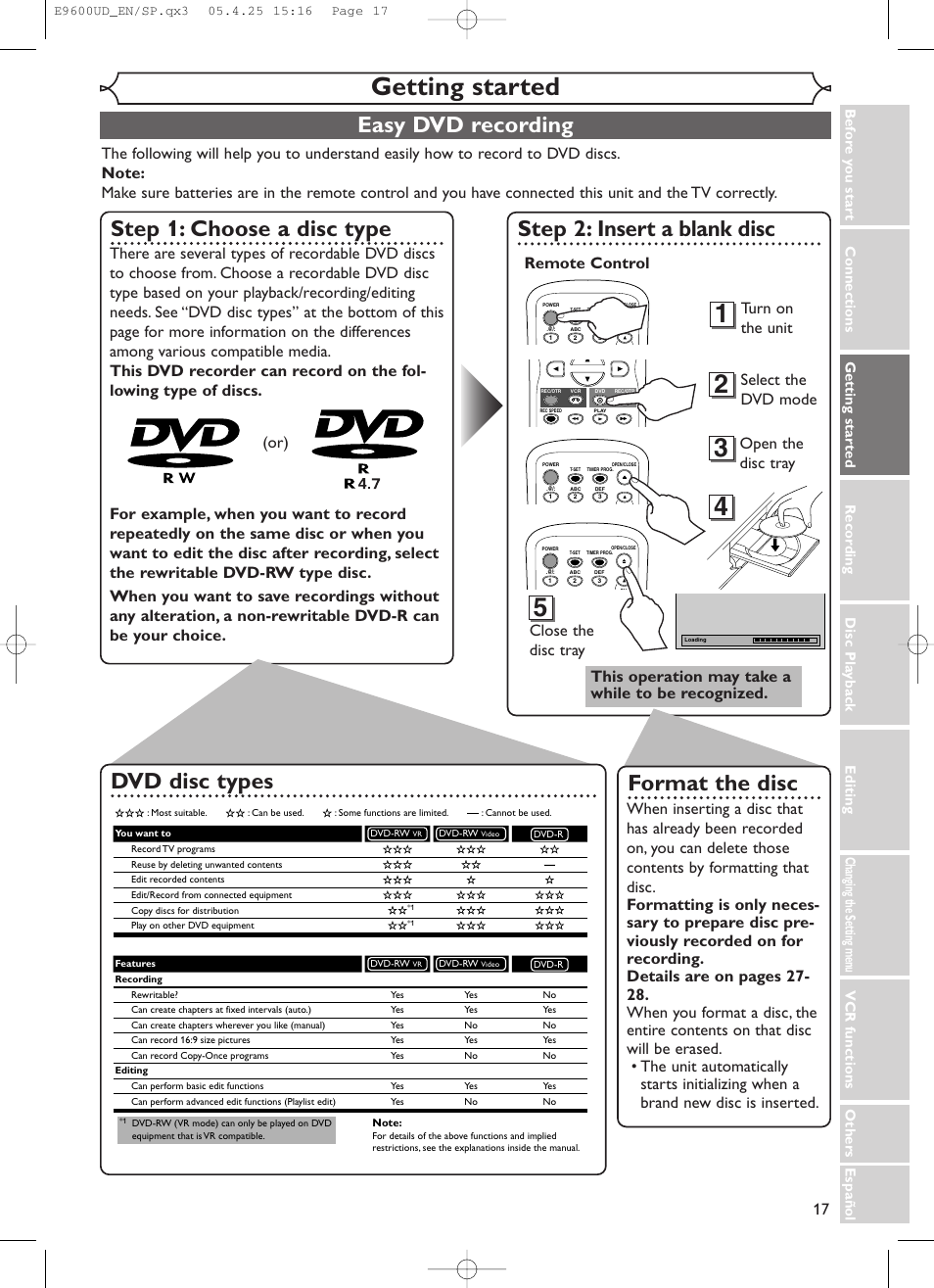 Getting started, Step 2: insert a blank disc, Easy dvd recording | Step 1: choose a disc type, Format the disc, Dvd disc types, Turn on the unit, Select the dvd mode, Open the disc tray, Others espa ñ ol | Emerson EWR20V5 User Manual | Page 19 / 90