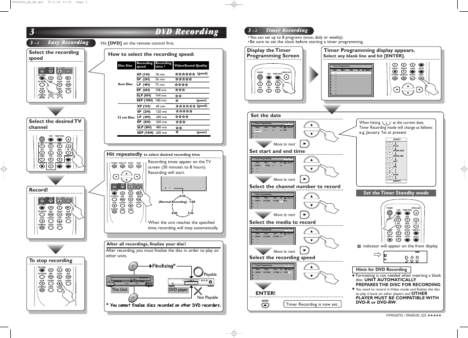 3dvd recording, Easy recording, Timer recording | Select the recording speed, Record, Select the desired tv channel, How to select the recording speed, Hit repeatedly, Display the timer programming screen, Timer programming display appears | Emerson EWR20V5 User Manual | Page 2 / 90