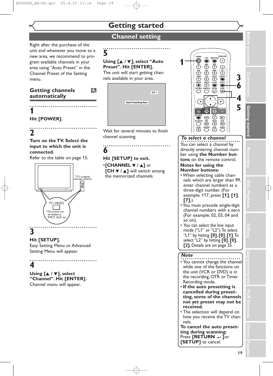 Getting started, Channel setting, Getting channels automatically | Emerson EWR20V5 User Manual | Page 21 / 90