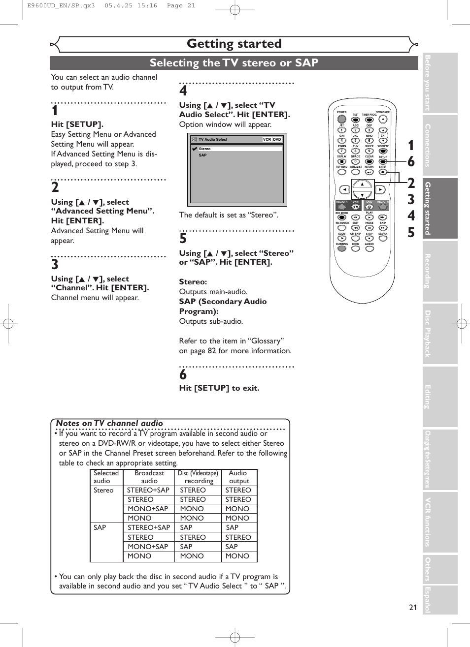 Getting started, Selecting the tv stereo or sap, Hit [setup] to exit | Emerson EWR20V5 User Manual | Page 23 / 90