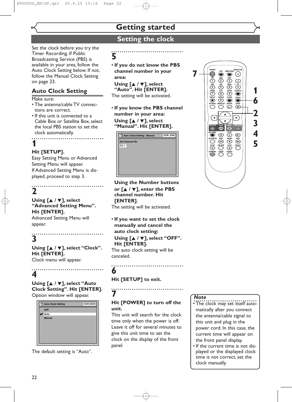 Getting started, Setting the clock, Auto clock setting | Hit [setup] to exit | Emerson EWR20V5 User Manual | Page 24 / 90