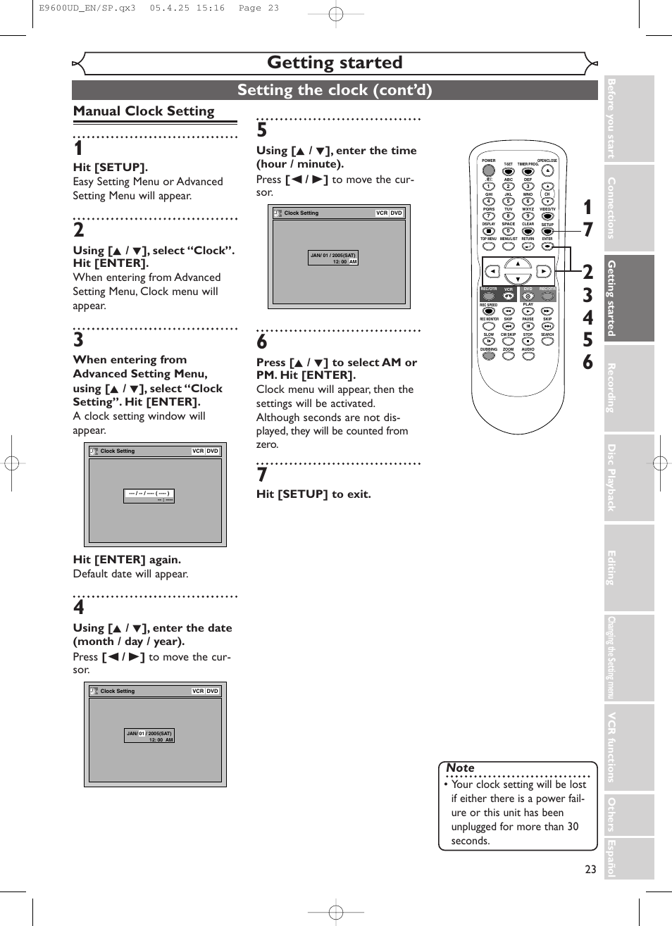 Getting started, Setting the clock (cont’d), Manual clock setting | Hit [setup] to exit | Emerson EWR20V5 User Manual | Page 25 / 90