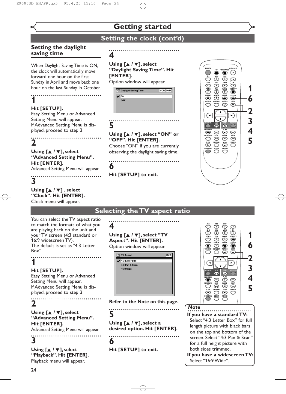 Getting started, Selecting the tv aspect ratio, Setting the clock (cont’d) | Setting the daylight saving time, Hit [setup] to exit | Emerson EWR20V5 User Manual | Page 26 / 90