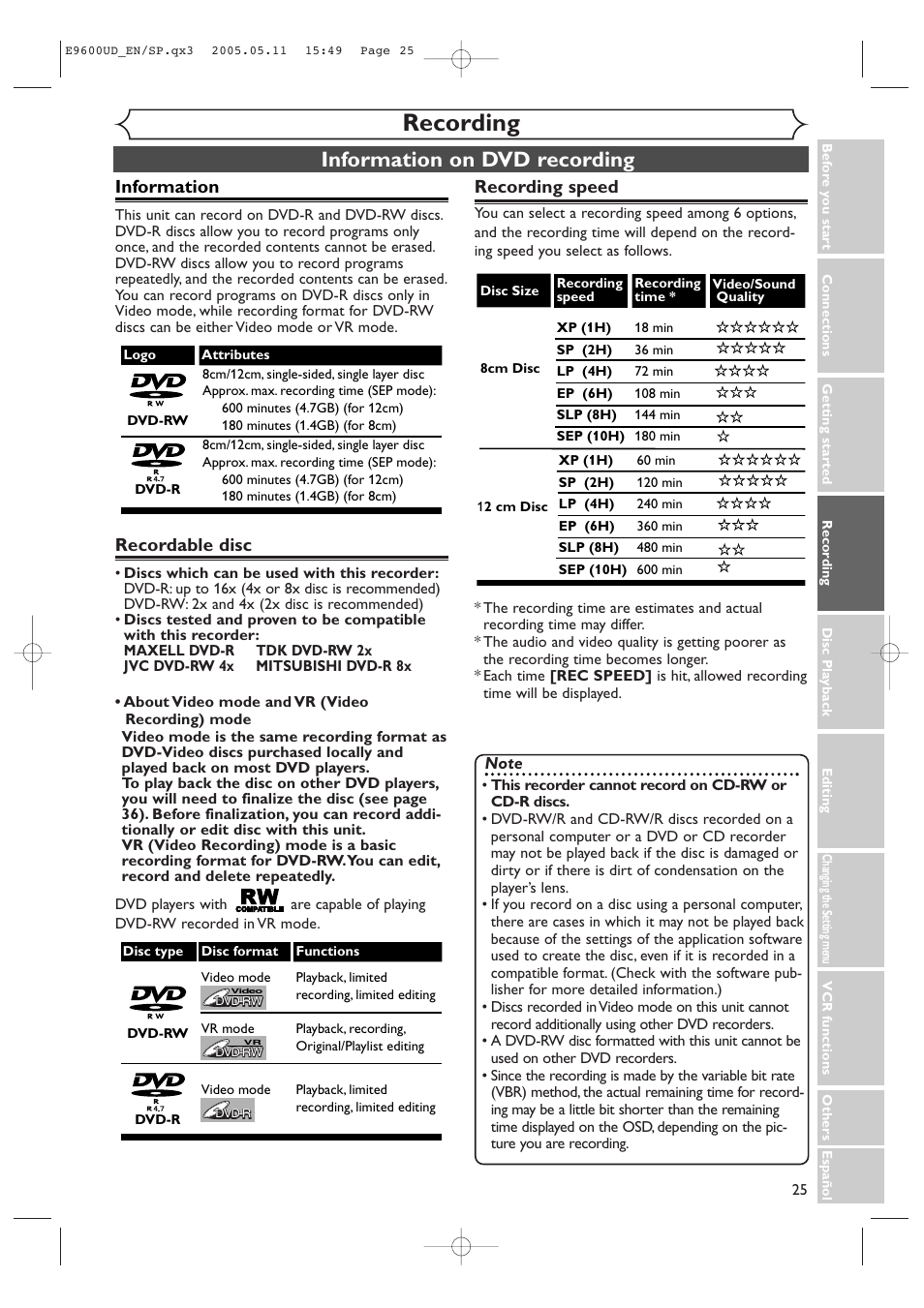 Recording, Information on dvd recording, Information | Recordable disc, Recording speed | Emerson EWR20V5 User Manual | Page 27 / 90