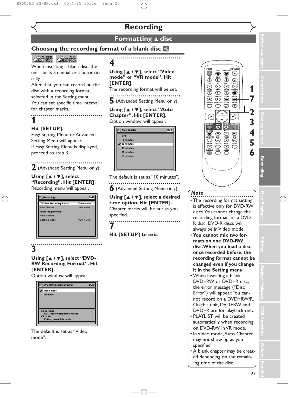 Recording, Formatting a disc, Choosing the recording format of a blank disc | Hit [setup] to exit | Emerson EWR20V5 User Manual | Page 29 / 90