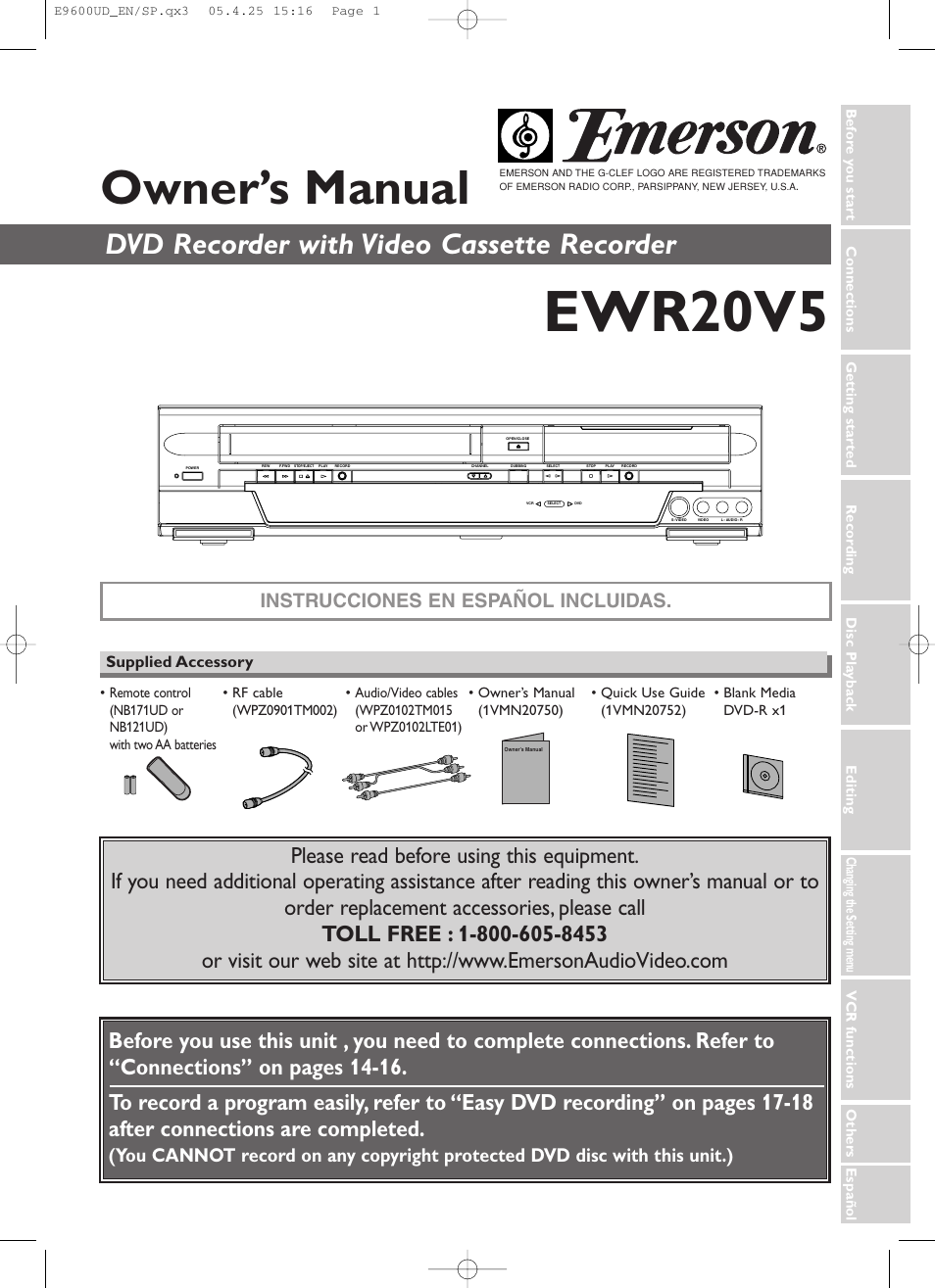 Ewr20v5, Owner’s manual, Dvd recorder with video cassette recorder | Instrucciones en español incluidas | Emerson EWR20V5 User Manual | Page 3 / 90