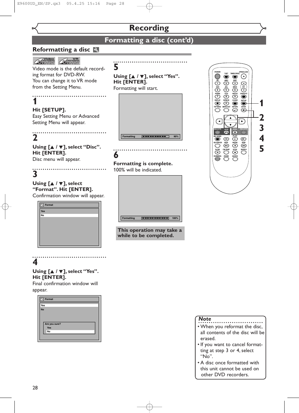 Recording, Formatting a disc (cont’d), Reformatting a disc | Emerson EWR20V5 User Manual | Page 30 / 90