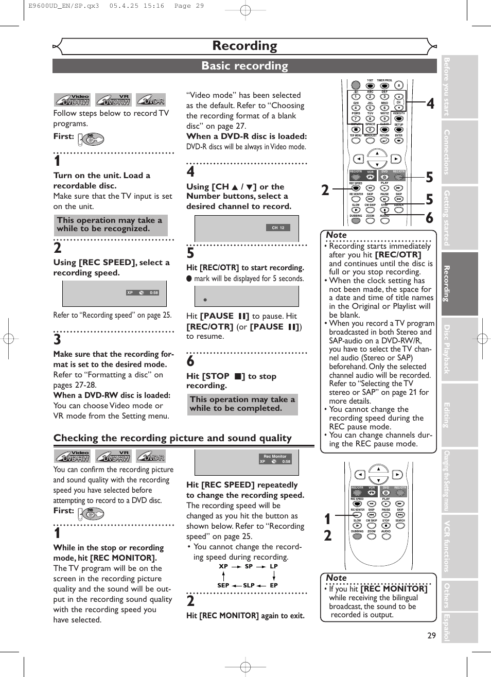 Recording, Basic recording, Checking the recording picture and sound quality | This operation may take a while to be recognized, Hit [rec monitor] again to exit | Emerson EWR20V5 User Manual | Page 31 / 90