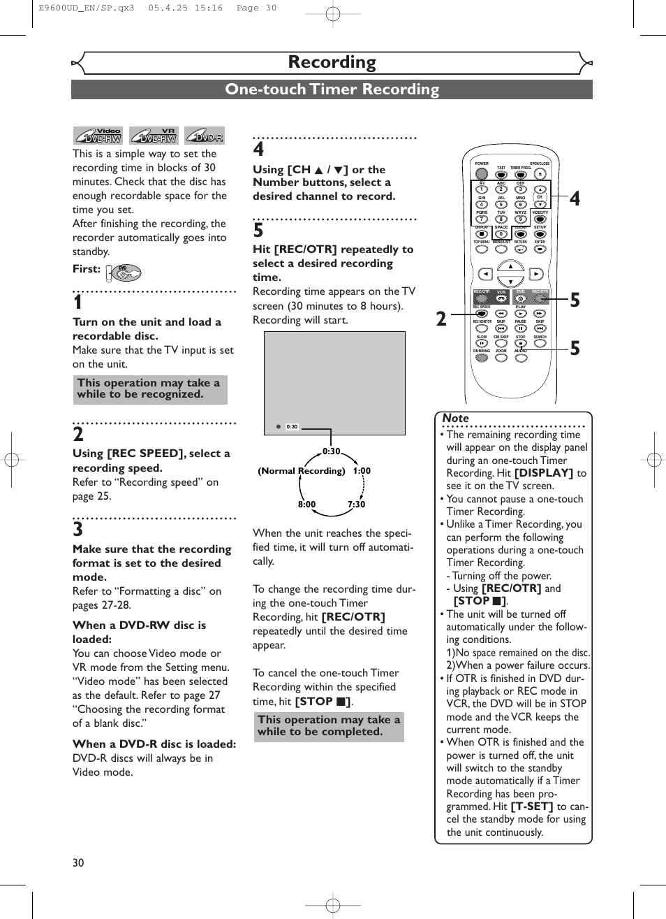 Recording, One-touch timer recording, This operation may take a while to be recognized | Emerson EWR20V5 User Manual | Page 32 / 90
