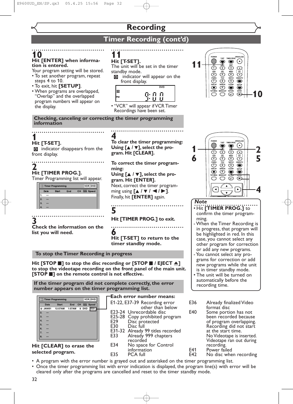 Recording, Timer recording (cont’d), Check the information on the list you will need | Hit [timer prog.] to exit, Hit [t-set] to return to the timer standby mode | Emerson EWR20V5 User Manual | Page 34 / 90