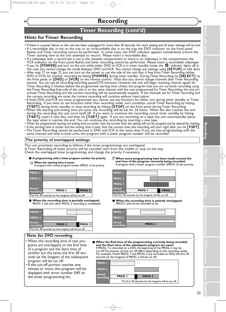Recording, Timer recording (cont’d), Hints for timer recording | Emerson EWR20V5 User Manual | Page 35 / 90
