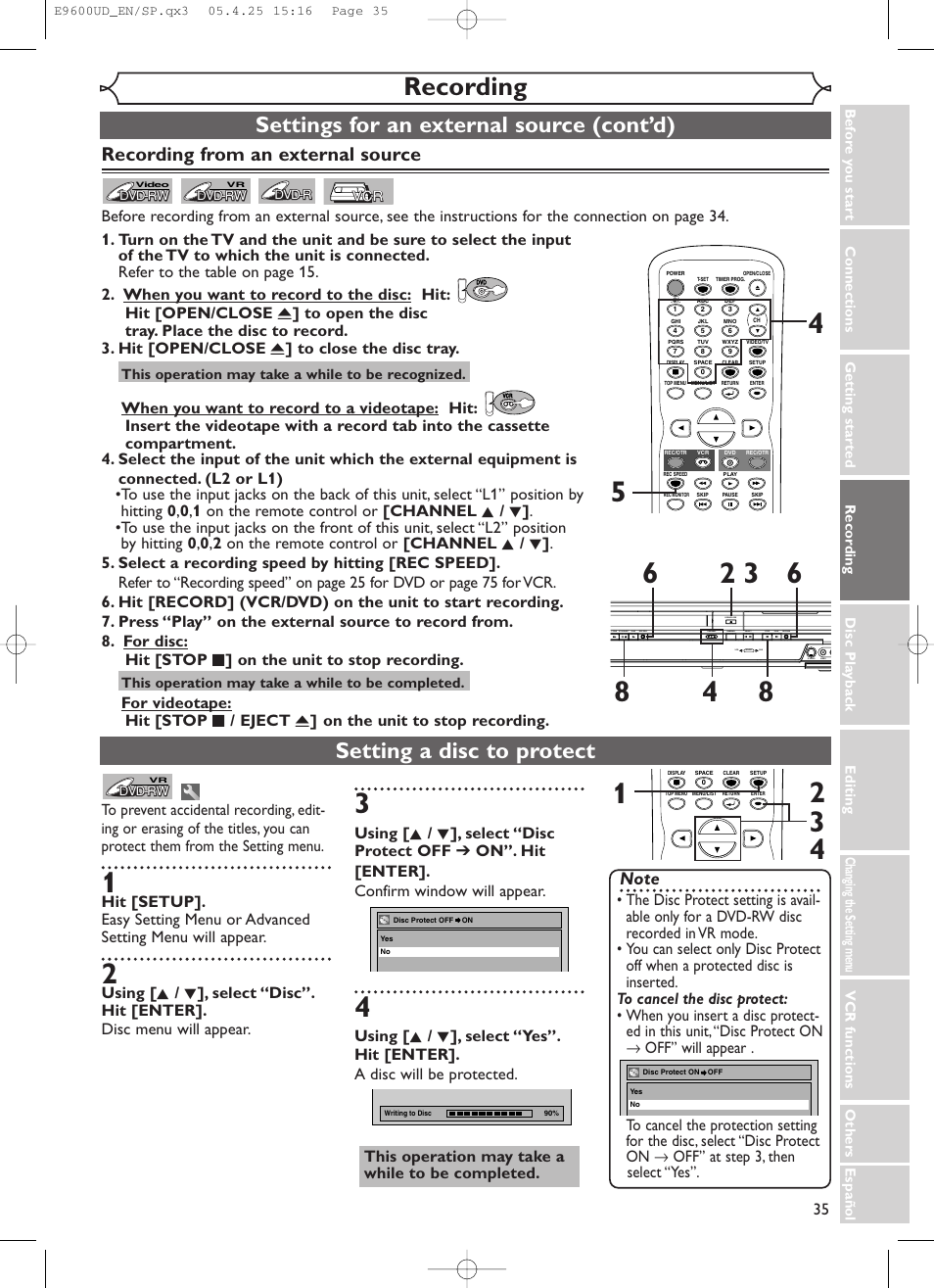 Recording, Settings for an external source (cont’d), Setting a disc to protect | Recording from an external source | Emerson EWR20V5 User Manual | Page 37 / 90