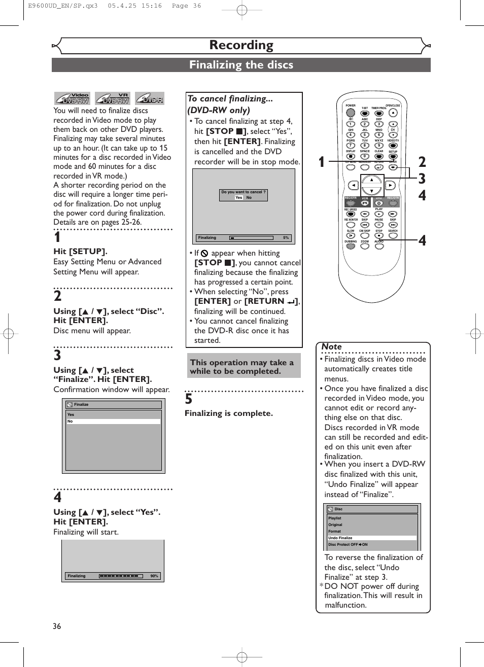 Recording, Finalizing the discs | Emerson EWR20V5 User Manual | Page 38 / 90
