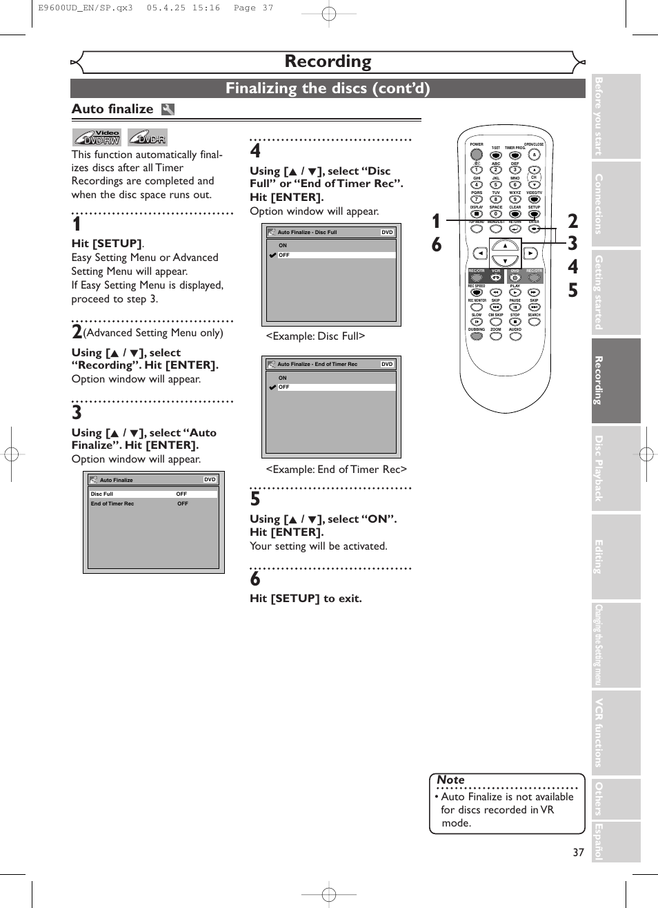 Recording, Finalizing the discs (cont’d), Auto finalize | Hit [setup] to exit | Emerson EWR20V5 User Manual | Page 39 / 90