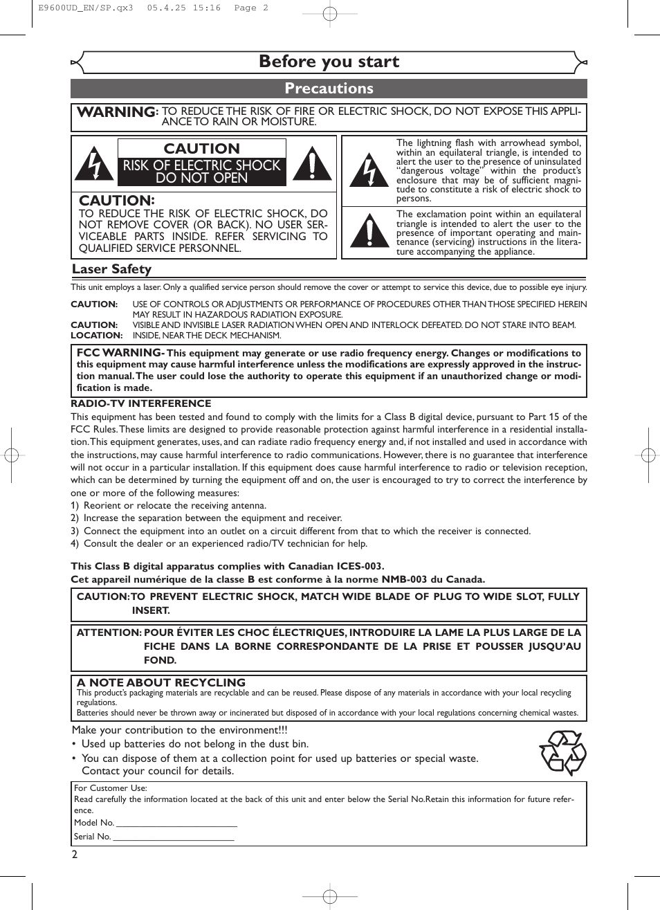 Before you start, Precautions, Warning | Caution, Caution risk of electric shock do not open, Laser safety | Emerson EWR20V5 User Manual | Page 4 / 90