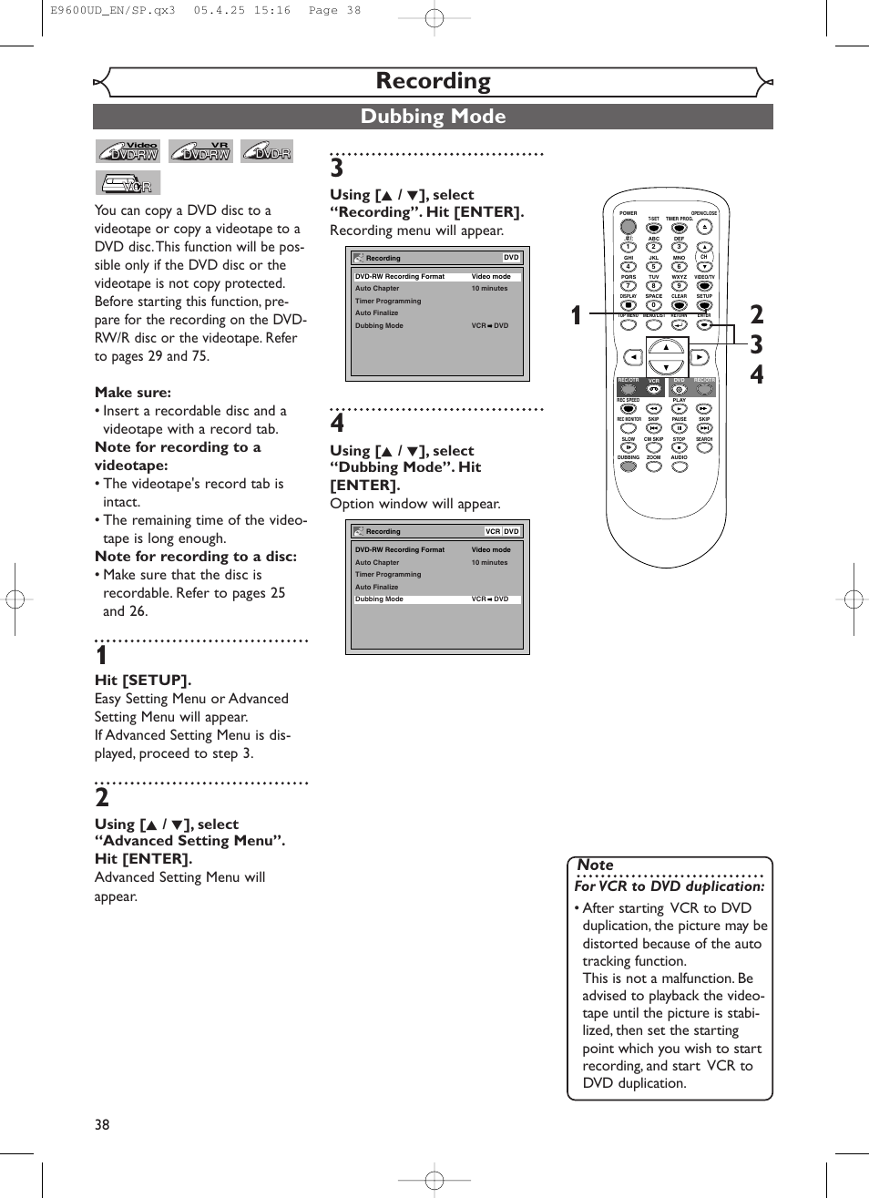 Recording, Dubbing mode | Emerson EWR20V5 User Manual | Page 40 / 90
