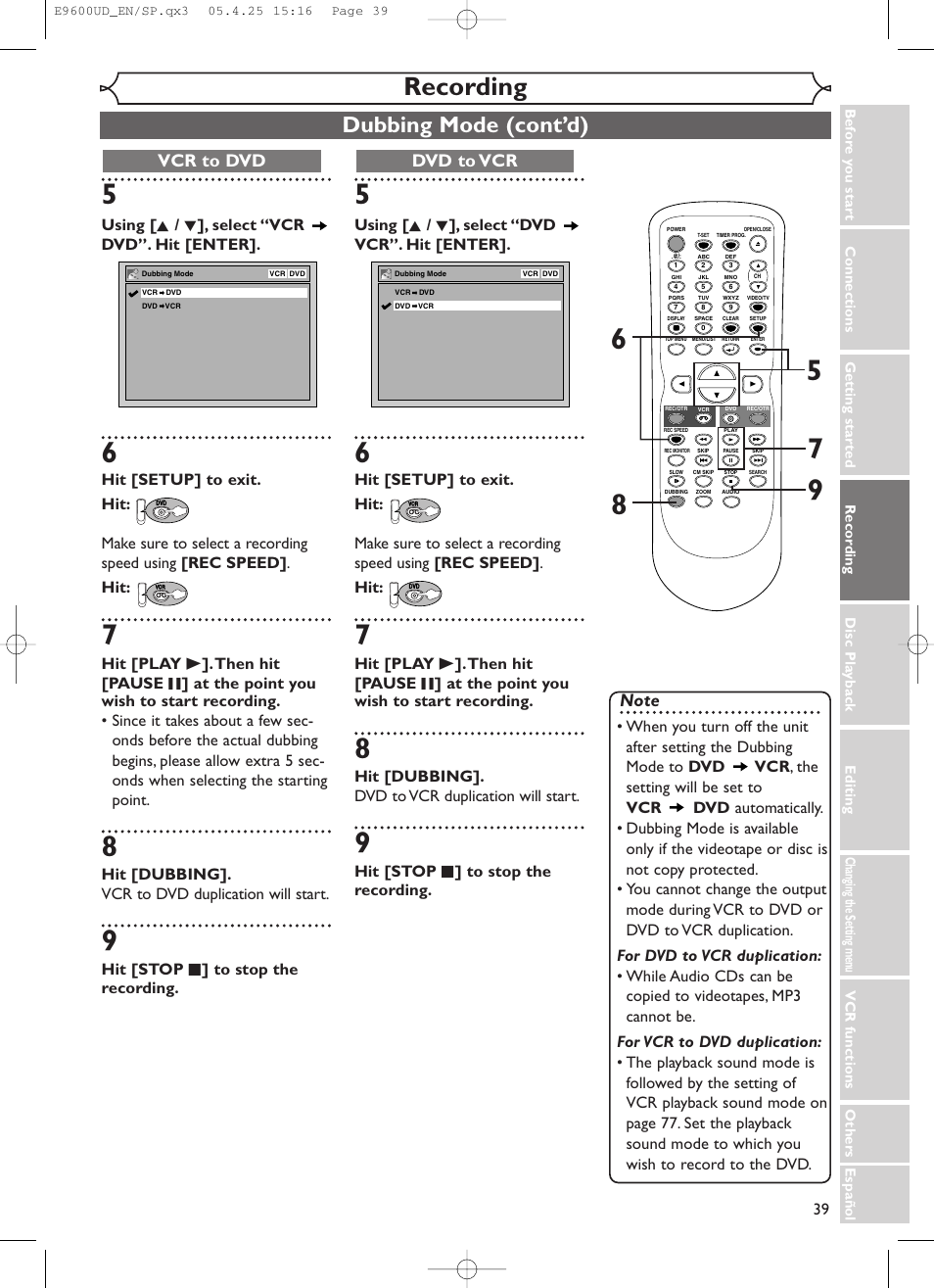 Recording, Dubbing mode (cont’d), Dvd to vcr | Emerson EWR20V5 User Manual | Page 41 / 90